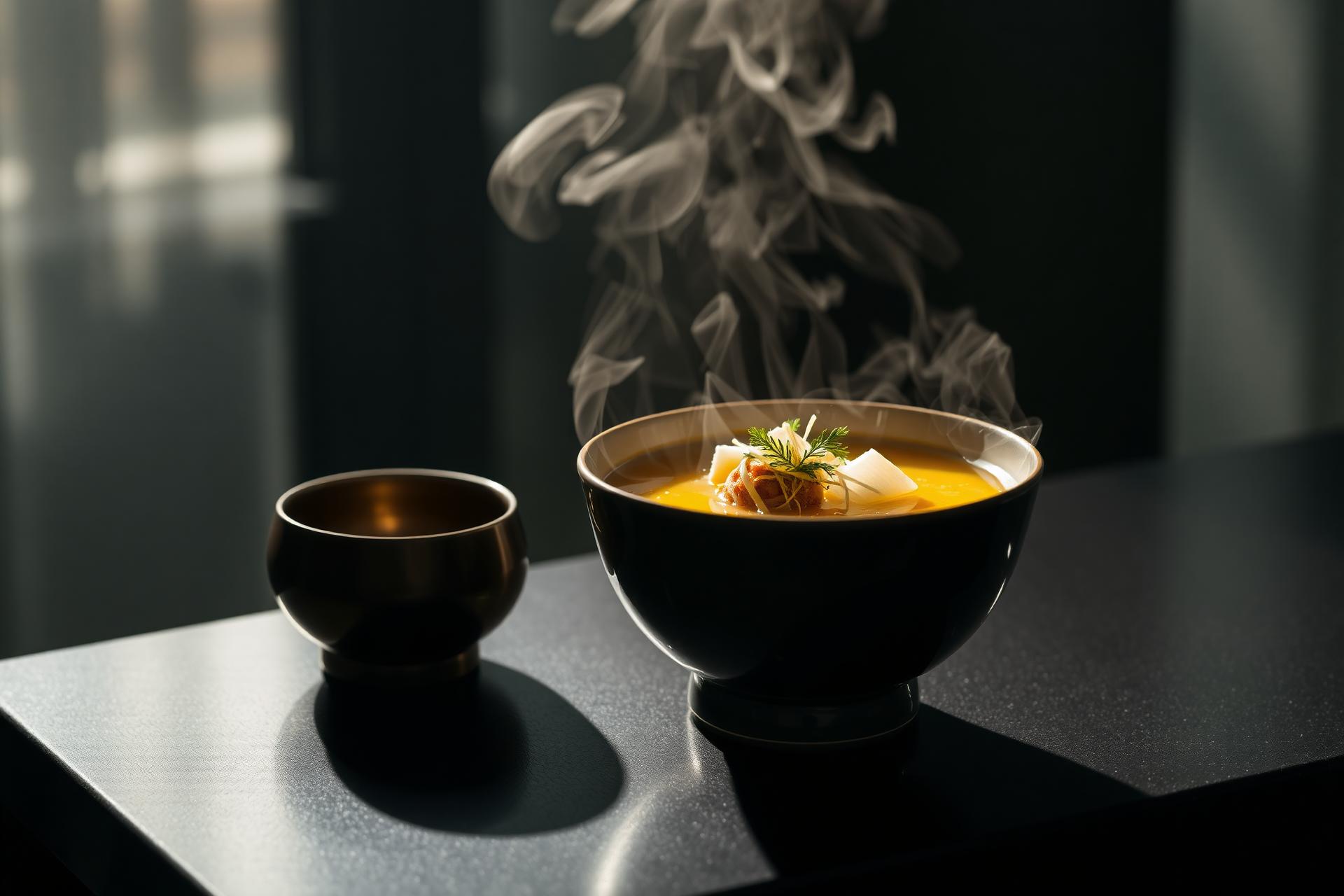 Steaming bowl of golden dashi in a refined hospitality setting